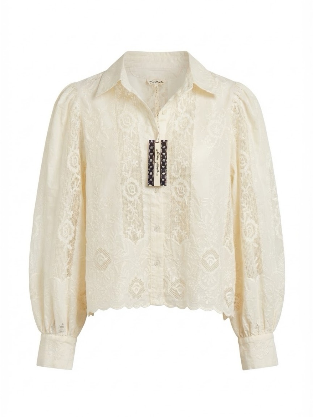 New w/Tags Lace-Panel Button-Front Blouse in Cream
